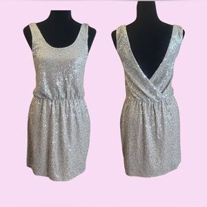 Express Women’s Sleeveless Backless Scoop Neck Champagne Sequined Dress Small